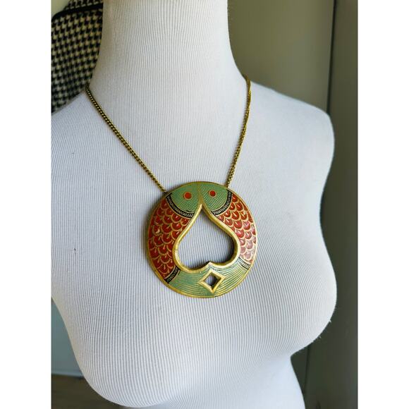 Vintage Jewelry - Vintage Brass Fish Pendant Necklace Made in India Rust Green Gold Statement